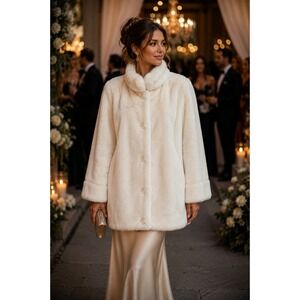 Vintage Gino Rossi Tissavel France Faux Fur Jacket Cream‎ Made in England Women